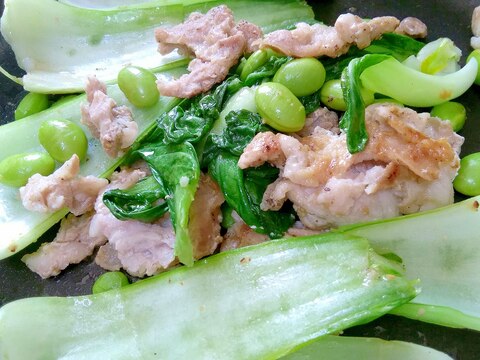 豚こまとチンゲン菜と枝豆の生姜炒め